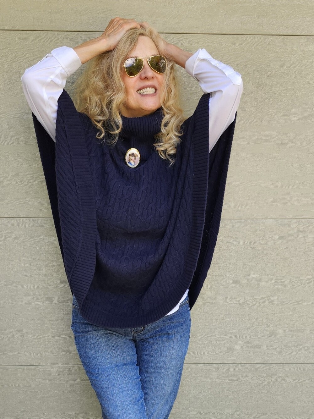 Talbots Ex Cond/Pro Clean Rounded, Navy, Cable Knit, Cowl Neck Poncho, L, $65